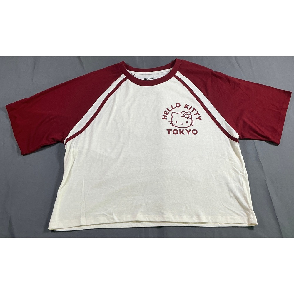 Sanrio Hello Kitty Tokyo Raglan T-Shirt Maroon White Crop Top Small LT32602FT
